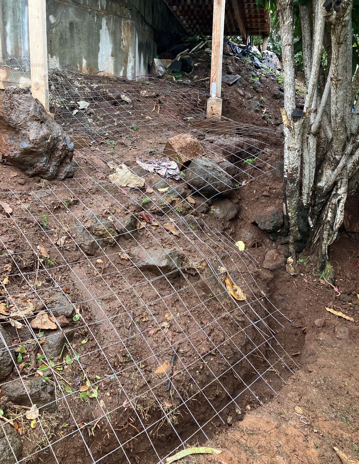 Reinforcement installed across a rocky slope during rockscape preparation